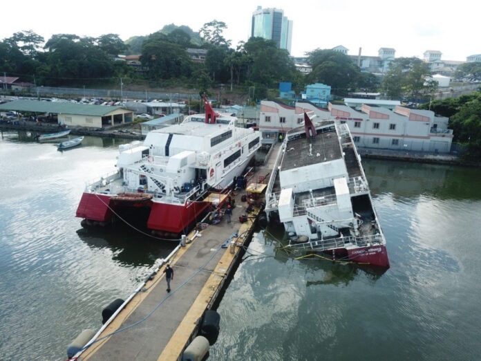 The sinking Carnival Runner Water Taxi at Kings Wharf in San Fernando